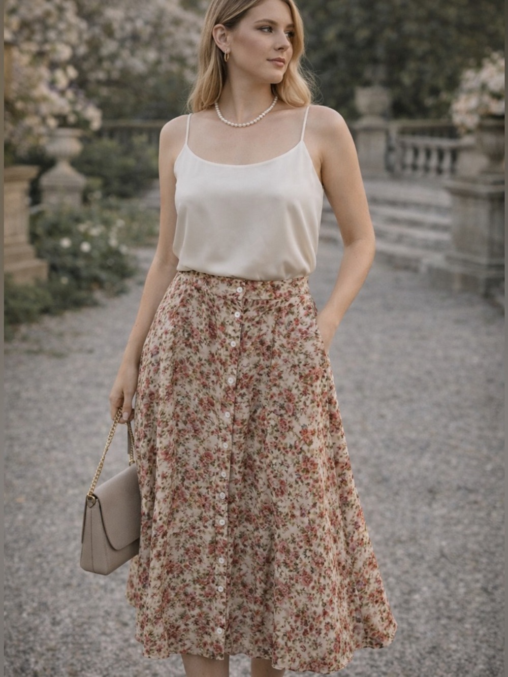 Vintage 100% Silk Floral Midi Skirt Button Front Cottagecore Romantic Prairie